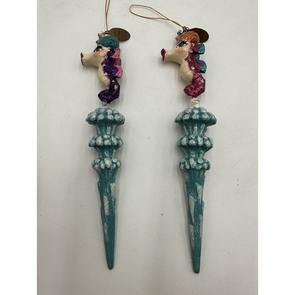 2 Katherine’s Collection Kissing Fish Seahorse Ornament Glitter Pink Purple 8.5”